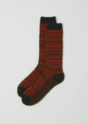Diamond Jacquard Wool Socks | Dark Green/Blood Orange