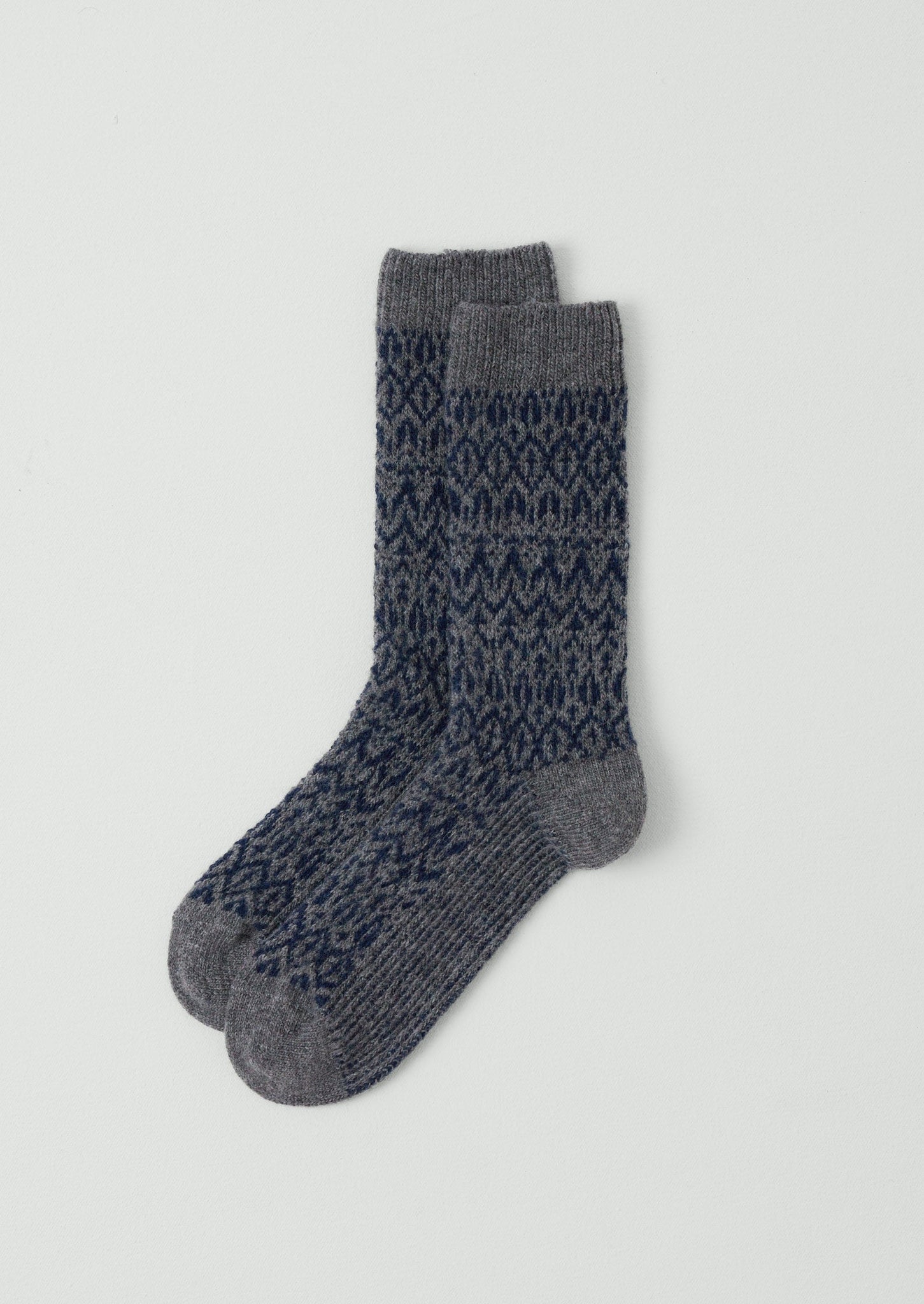 Diamond Jacquard Wool Socks | Grey Melange/Blue