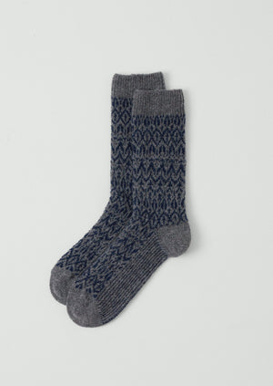 Diamond Jacquard Wool Socks | Grey Melange/Blue