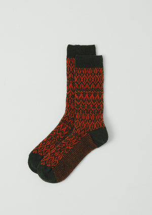 Diamond Jacquard Socks | Dark Green/Blood Orange