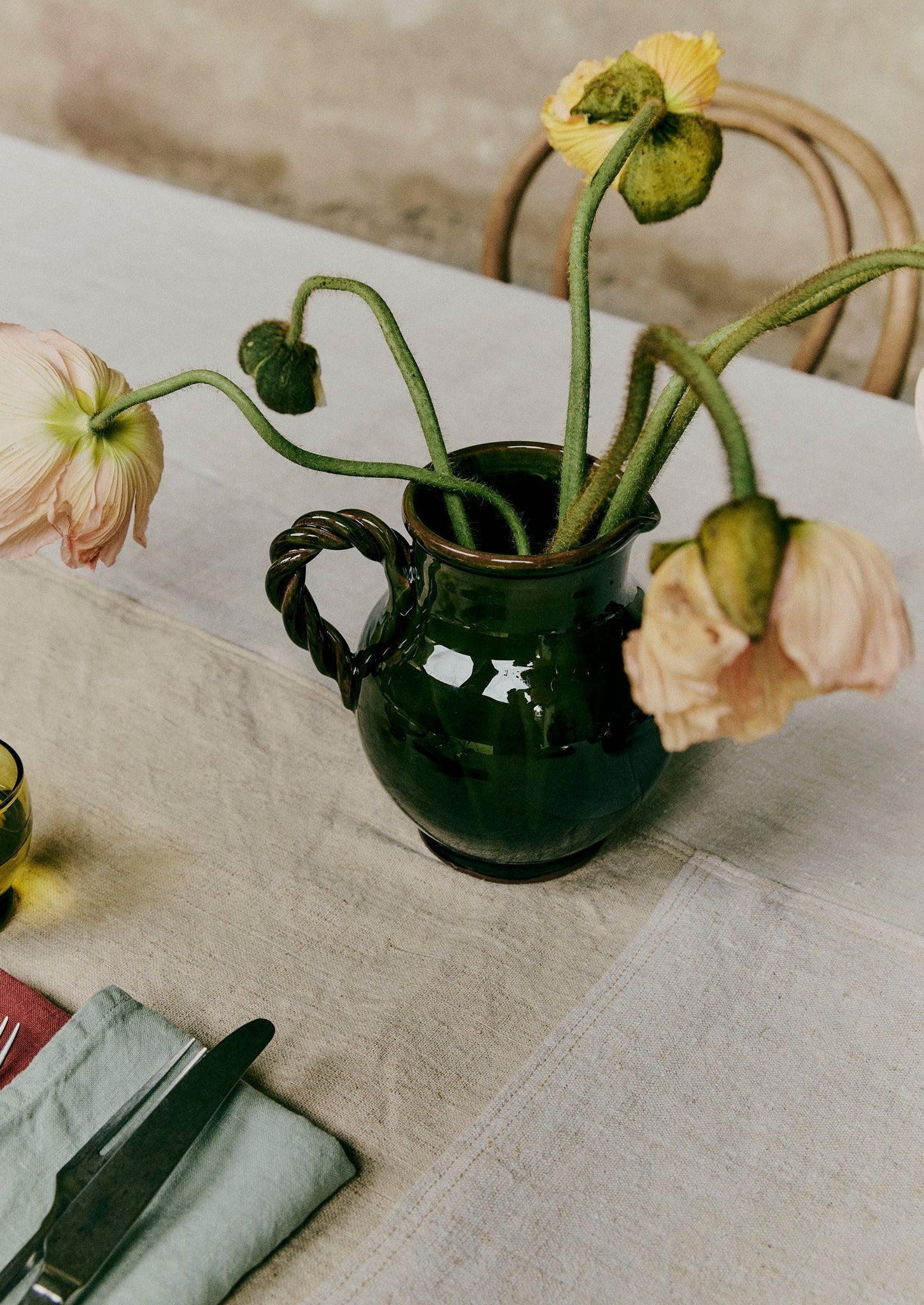Poterie Barbotine Twisted Handled Pitcher | Bottle Green