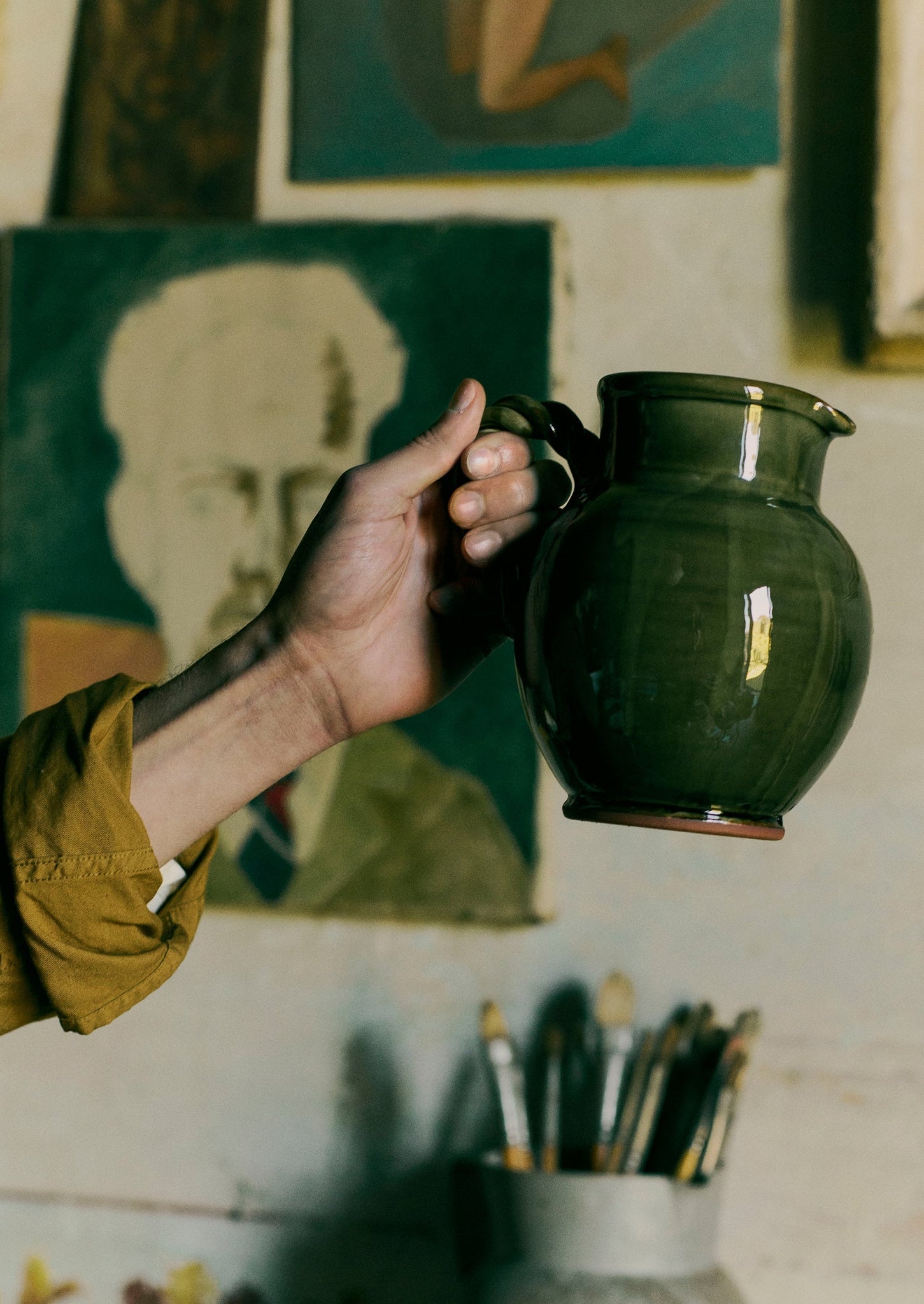 Poterie Barbotine Twisted Handled Pitcher | Bottle Green