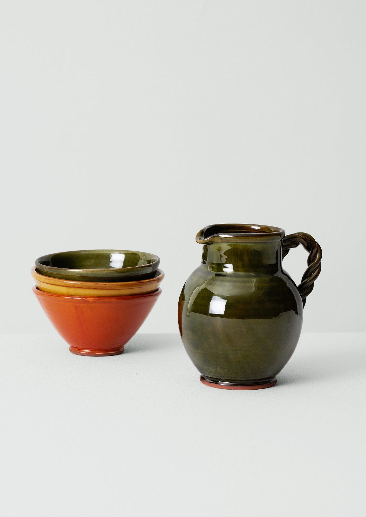 Poterie Barbotine Twisted Handled Pitcher | Bottle Green