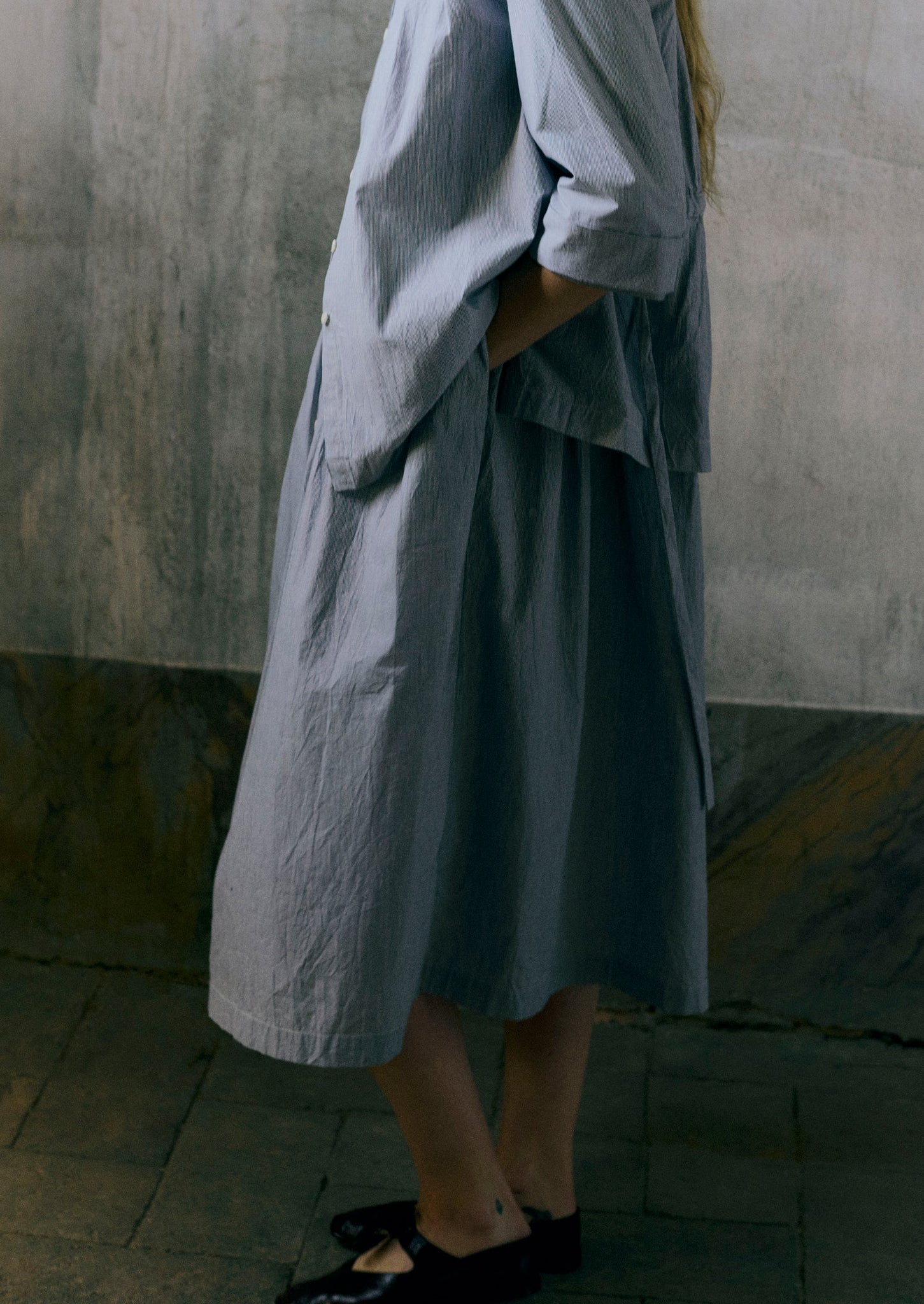 Fine Stripe Cotton Shirt Dress | Ecru/Slate