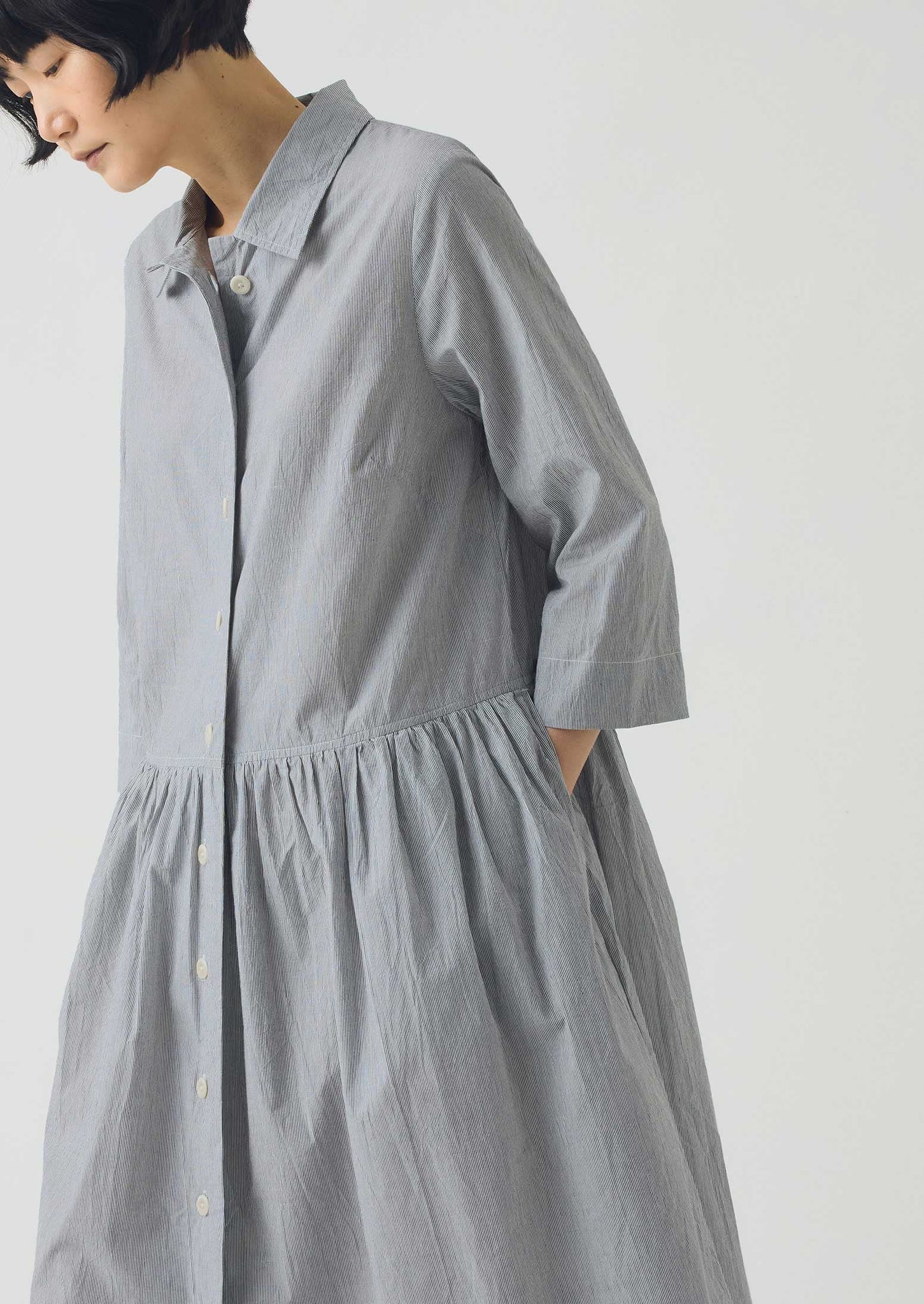 Fine Stripe Cotton Shirt Dress | Ecru/Slate