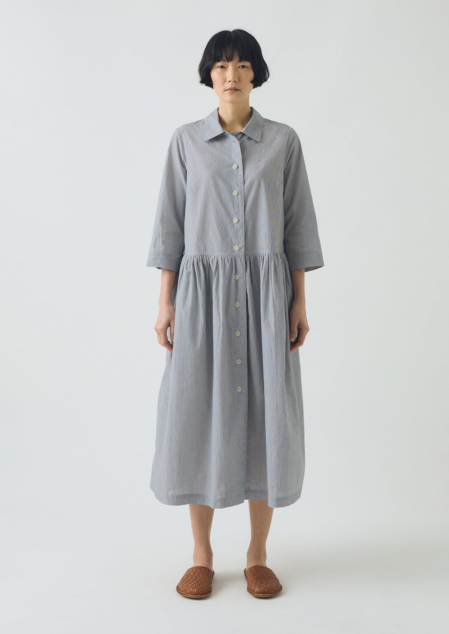 Fine Stripe Cotton Shirt Dress | Ecru/Slate