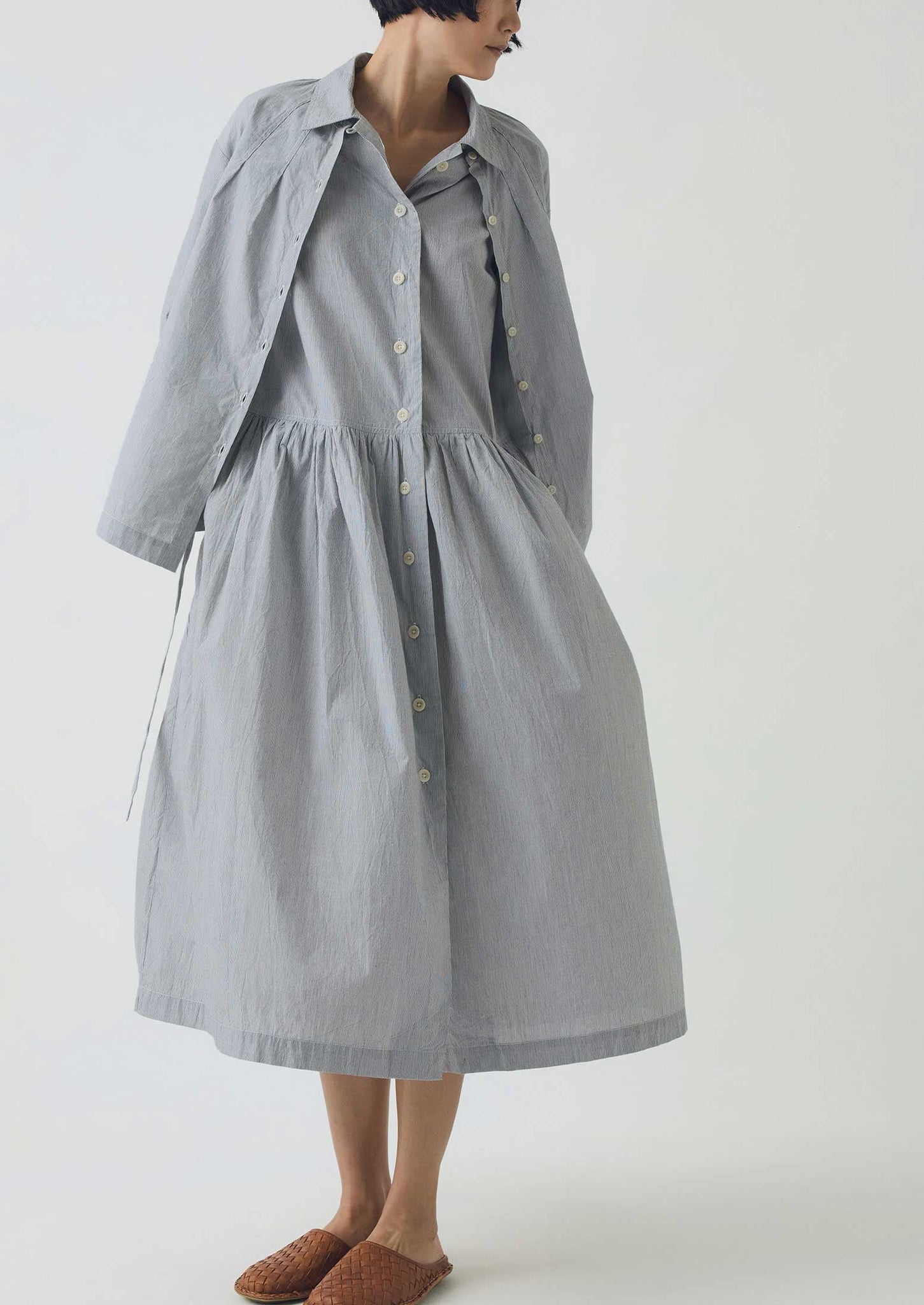 Fine Stripe Cotton Shirt Dress | Ecru/Slate
