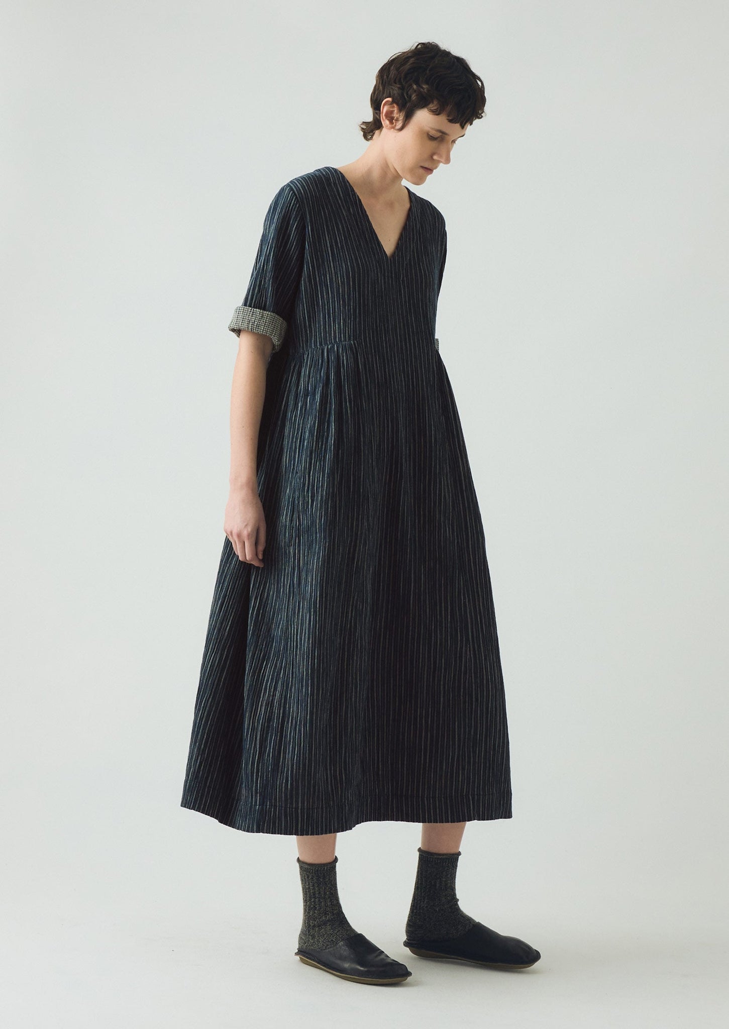 Stripe Crinkled Cotton V Neck Dress | Midnight Blue