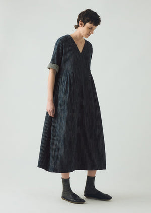 Stripe Crinkled Cotton V Neck Dress | Midnight Blue