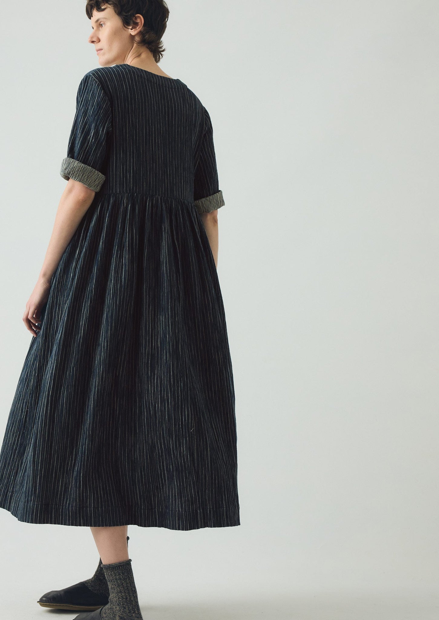 Stripe Crinkled Cotton V Neck Dress | Midnight Blue