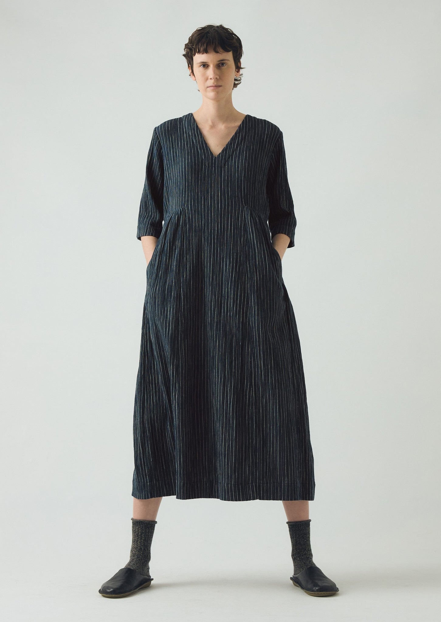 Stripe Crinkled Cotton V Neck Dress | Midnight Blue