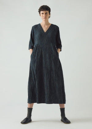 Stripe Crinkled Cotton V Neck Dress | Midnight Blue