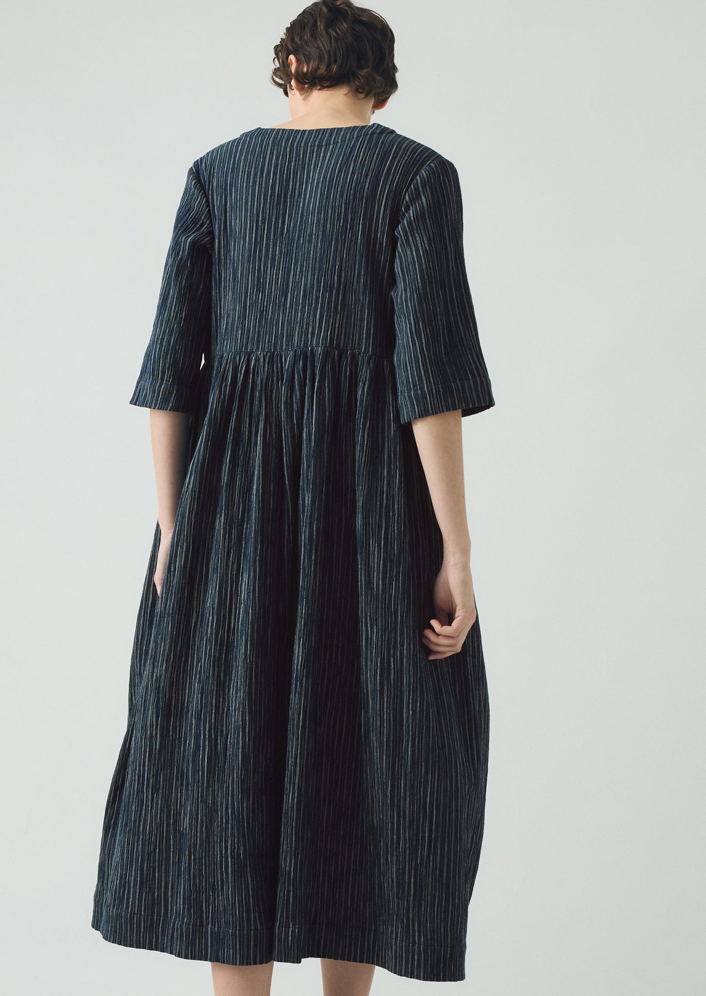 Stripe Crinkled Cotton V Neck Dress | Midnight Blue
