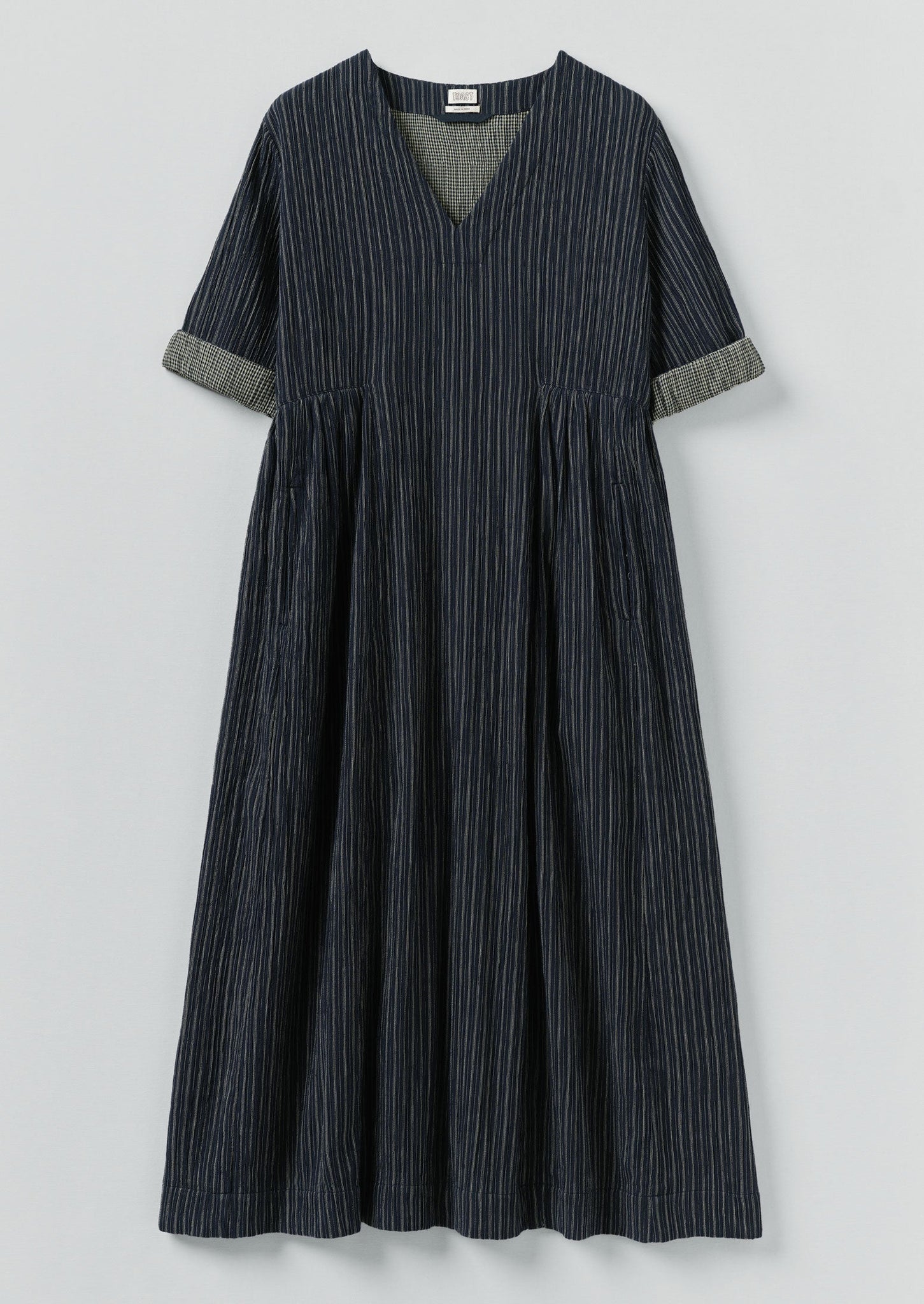 Stripe Crinkled Cotton V Neck Dress | Midnight Blue