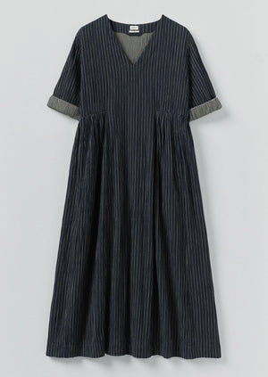 Stripe Crinkled Cotton V Neck Dress | Midnight Blue