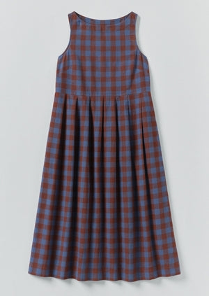 Aila Mineral Check Linen Cotton Dress | Brown Ochre/Dark Cornflower