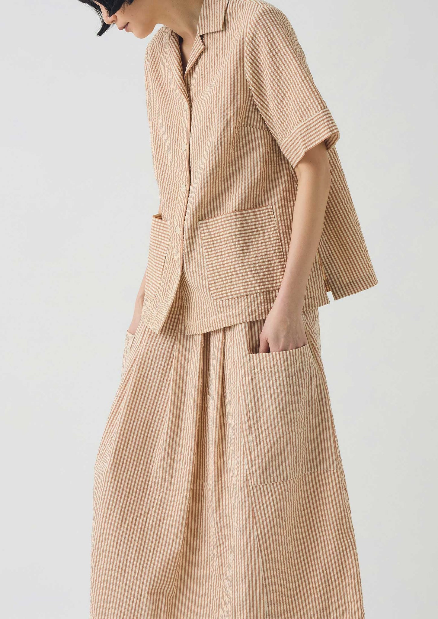 Stripe Cotton Seersucker Boxy Shirt | Terracotta/Ecru