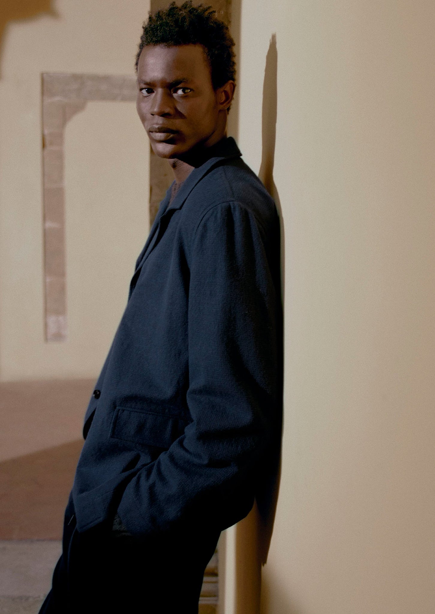 Houndstooth Cotton Wool Jacket | Dark Navy