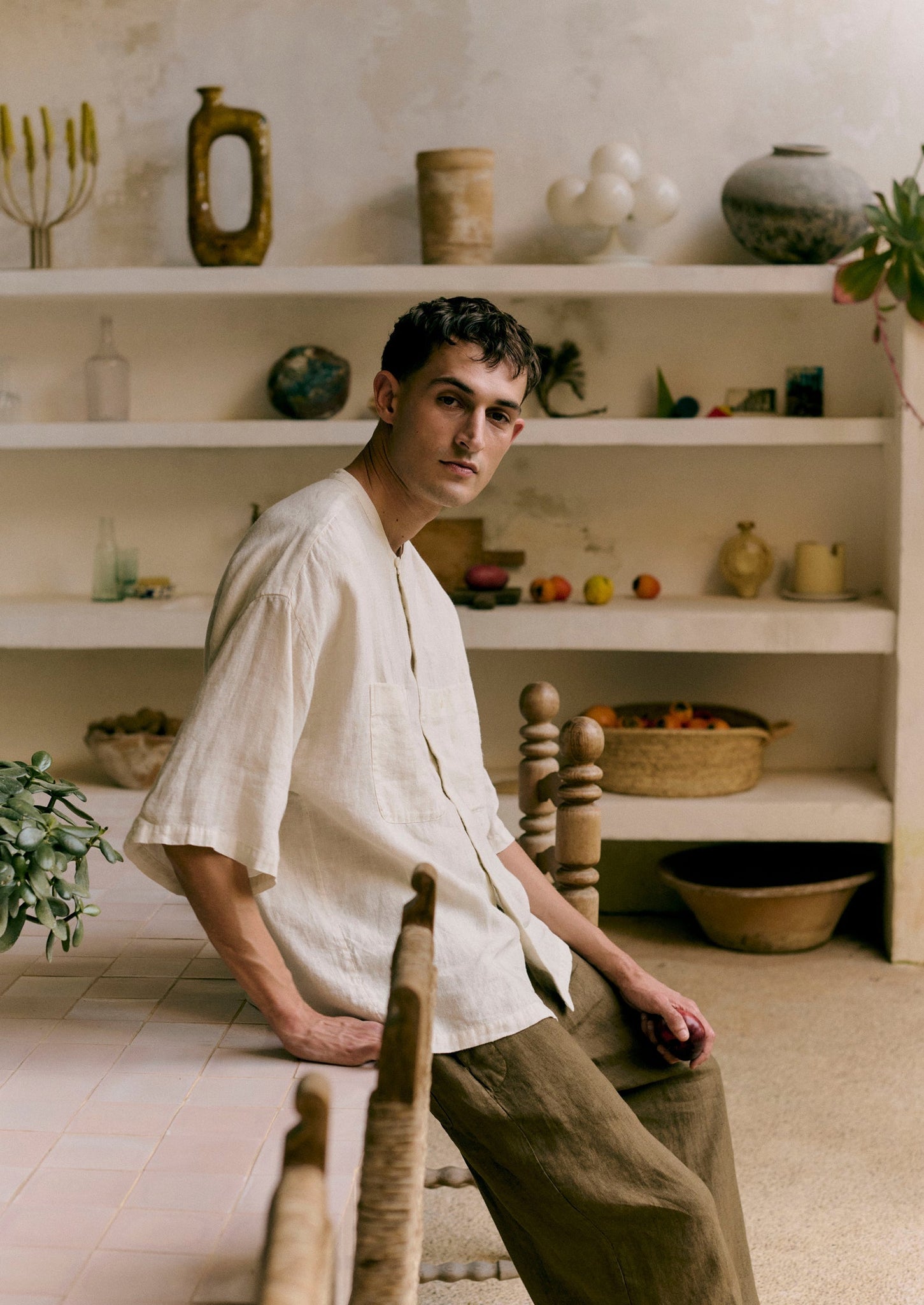 Garment Dyed Linen Grandad Collar Shirt | Oat