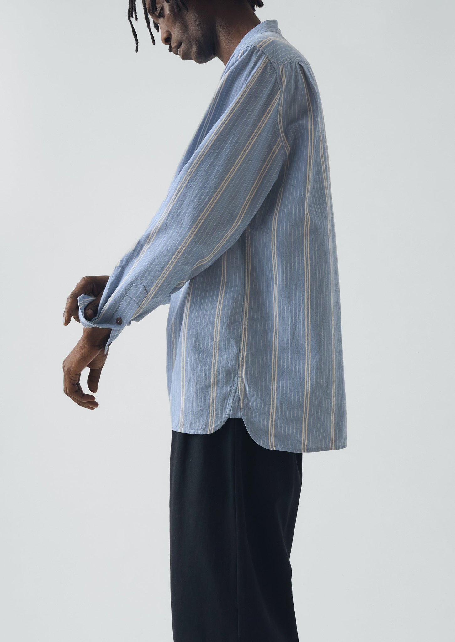 Wide Stripe Popover Grandad Shirt | Chambray Blue