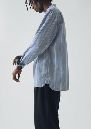 Wide Stripe Popover Grandad Shirt | Chambray Blue