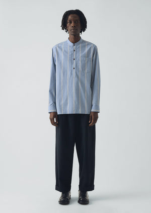 Wide Stripe Popover Grandad Shirt | Chambray Blue