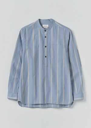 Wide Stripe Popover Grandad Shirt | Chambray Blue