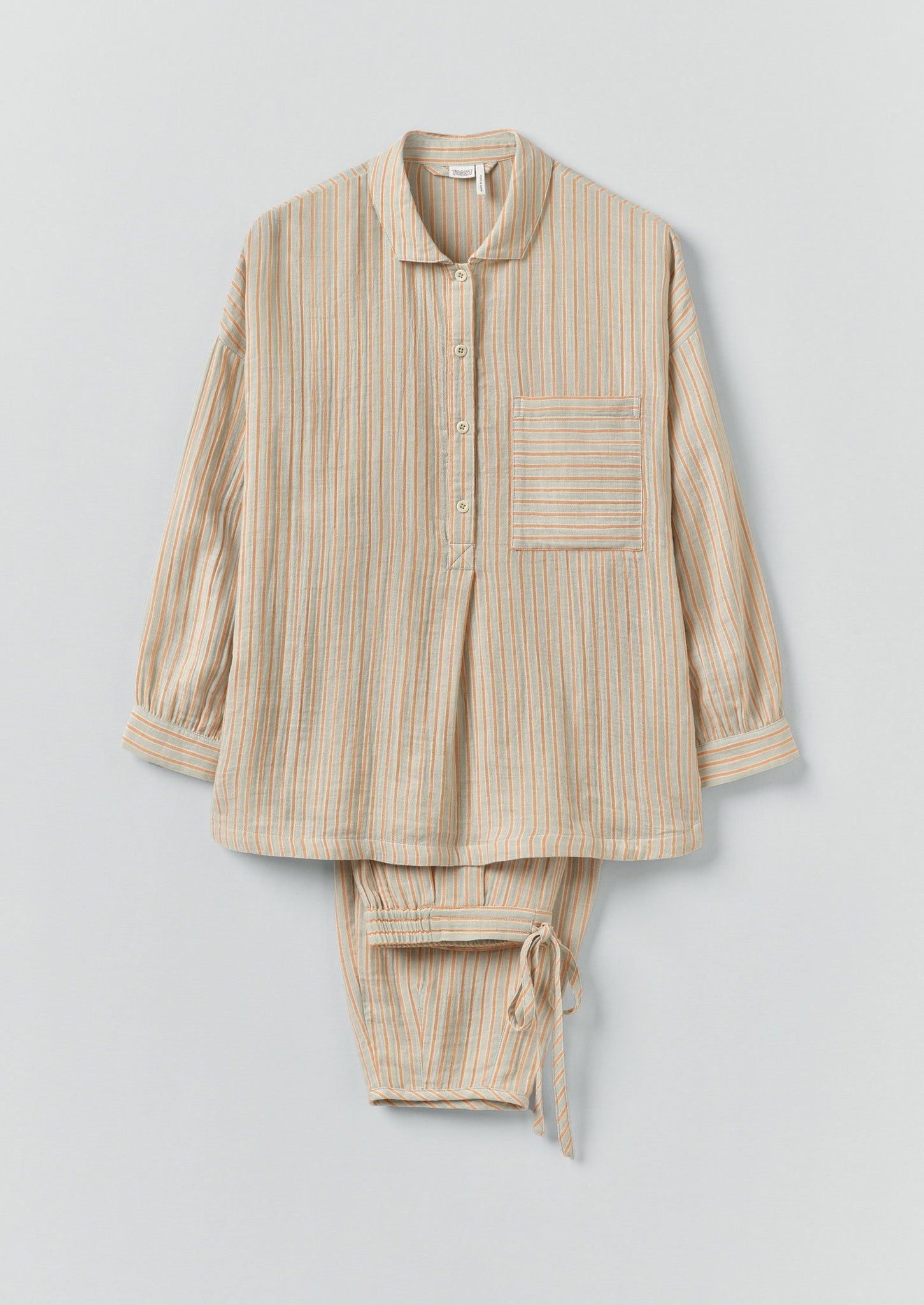 Stripe Crinkle Cotton Pyjama Set | Sage/Apricot