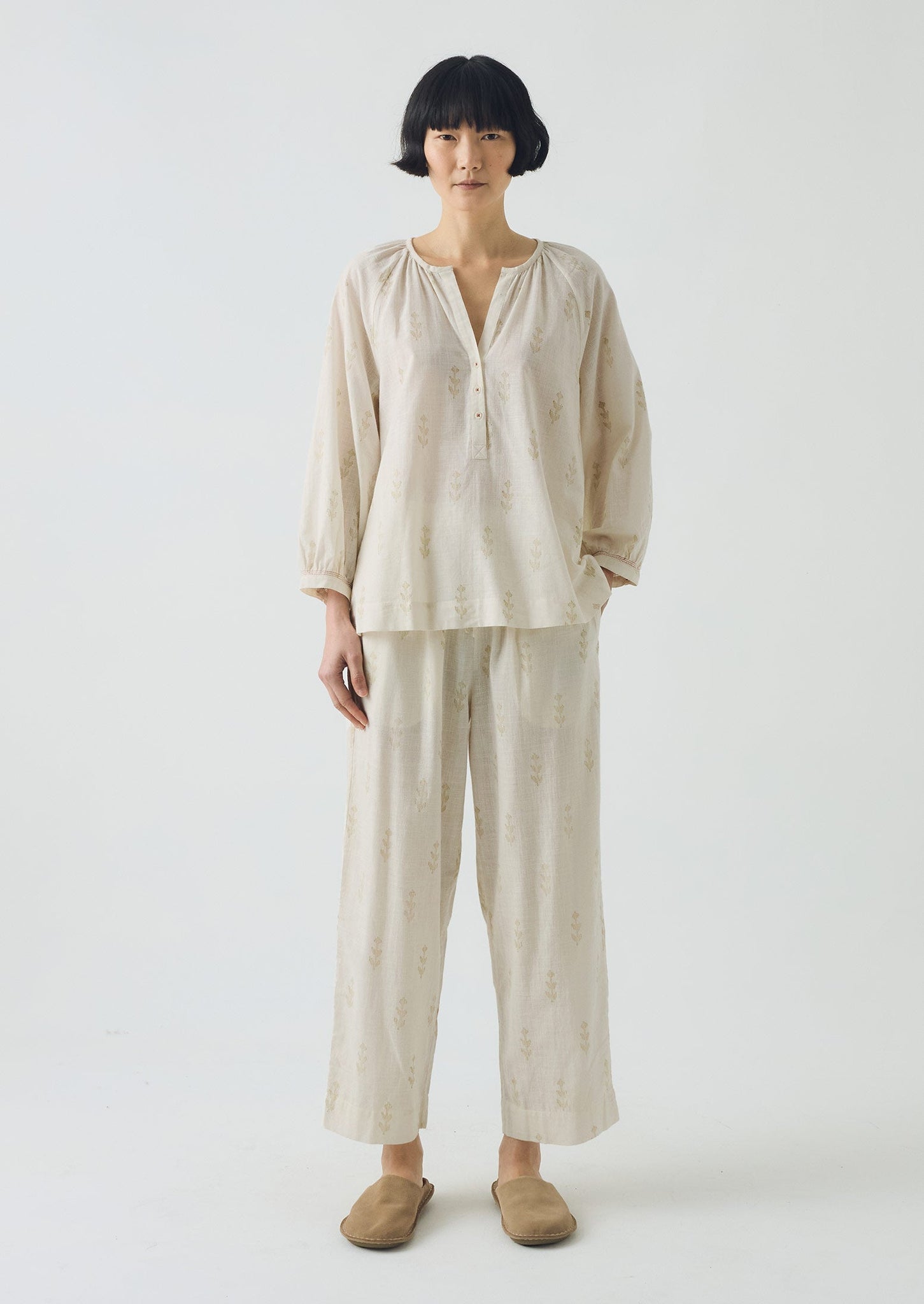 Etched Sprig Print Pyjama Set | Ecru/Citrine