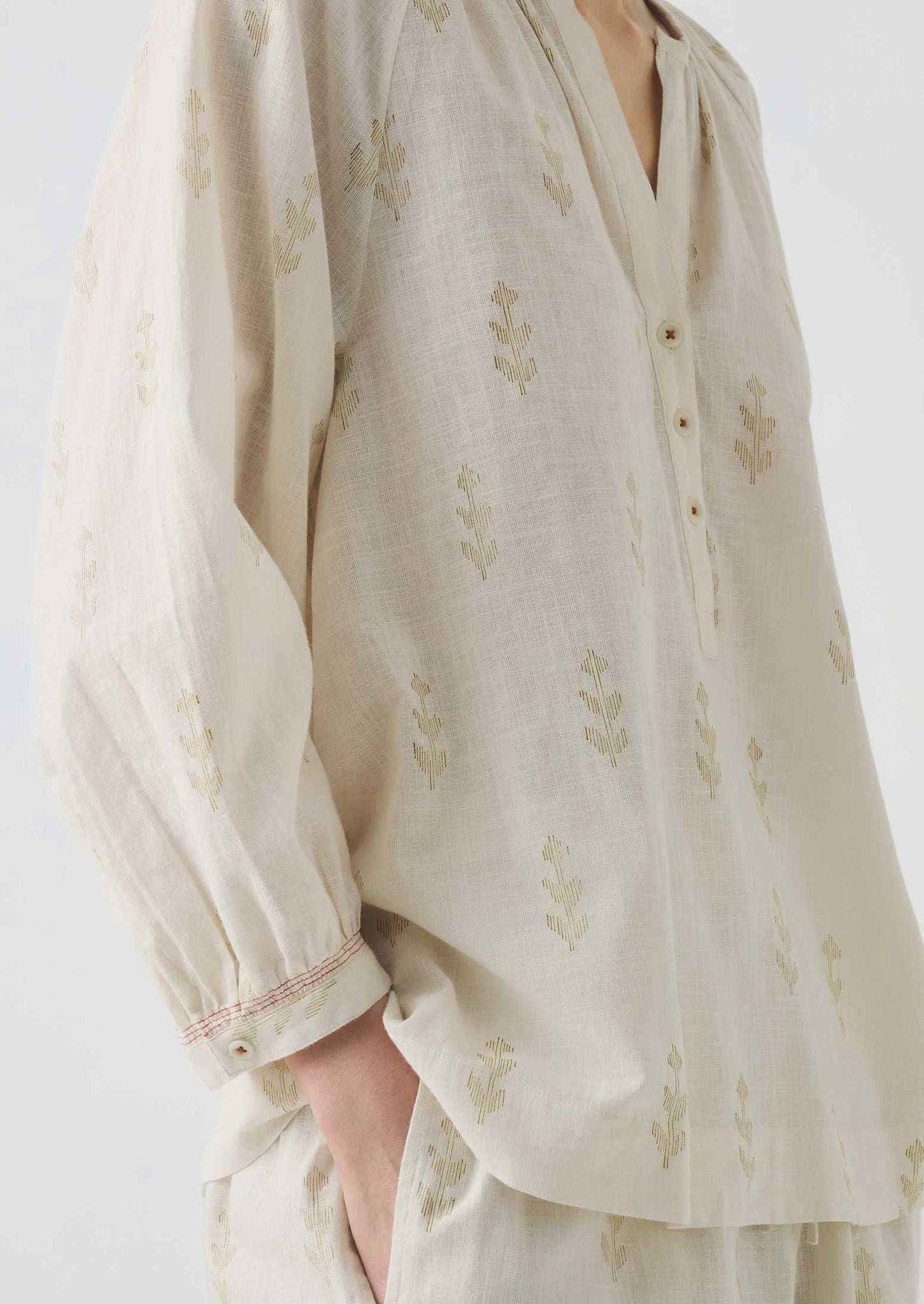 Etched Sprig Print Pyjama Set | Ecru/Citrine