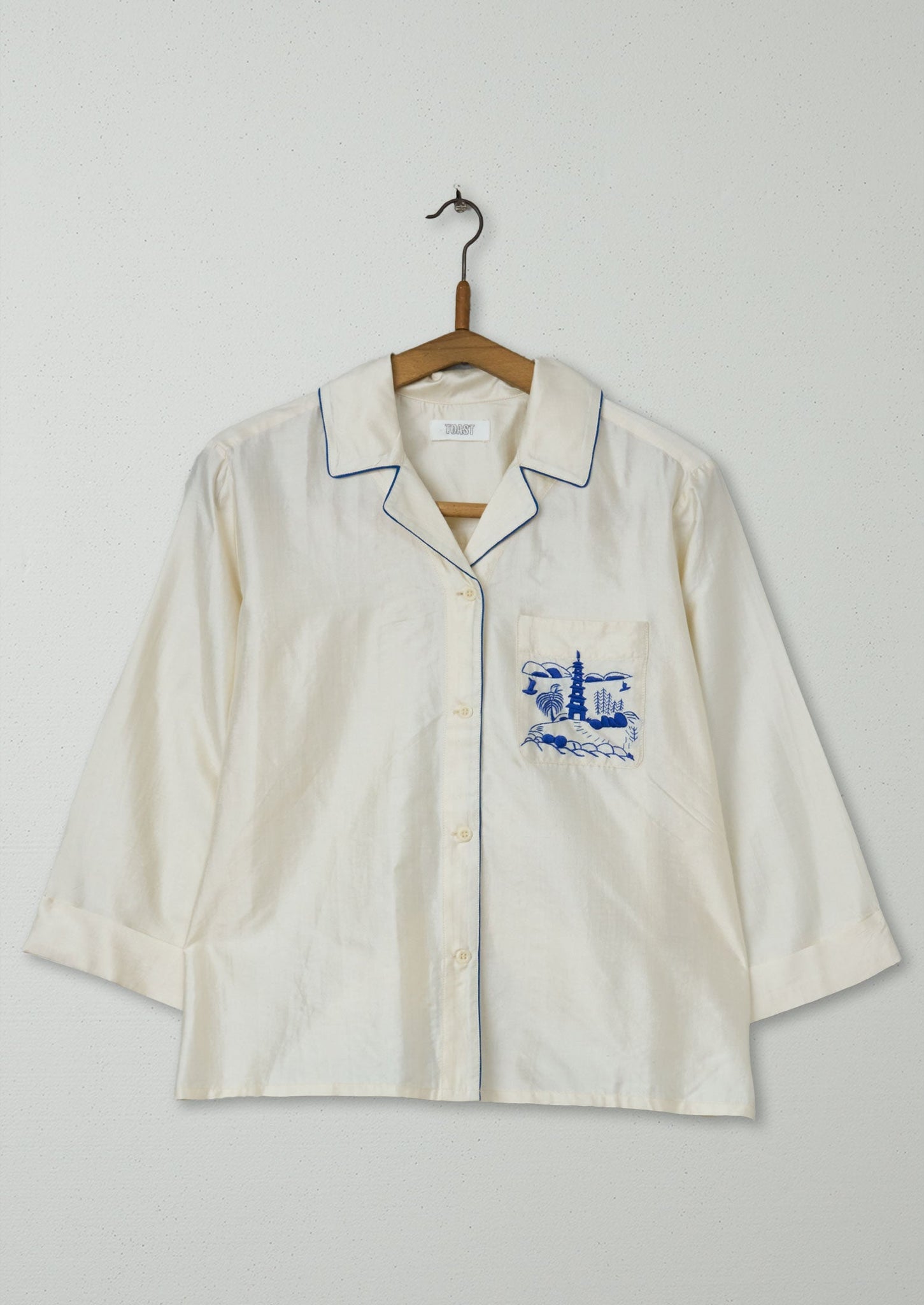 Reworn Silk PJ Shirt Size 8 (586) | Ivory/Cobalt