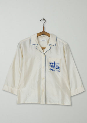 Reworn Silk PJ Shirt Size 8 (586) | Ivory/Cobalt