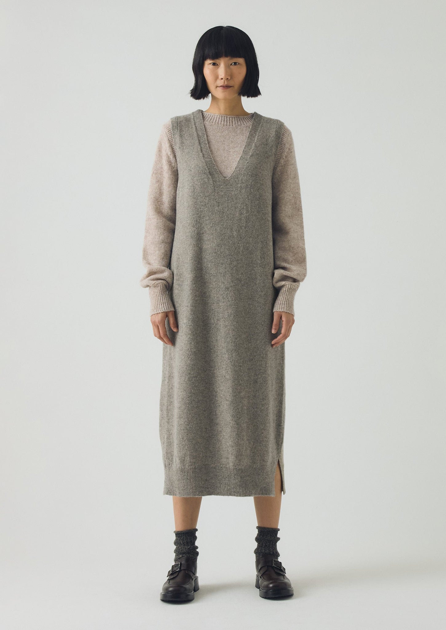 Wool Knitted V Neck Dress | Biscuit