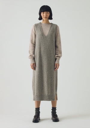 Wool Knitted V Neck Dress | Biscuit