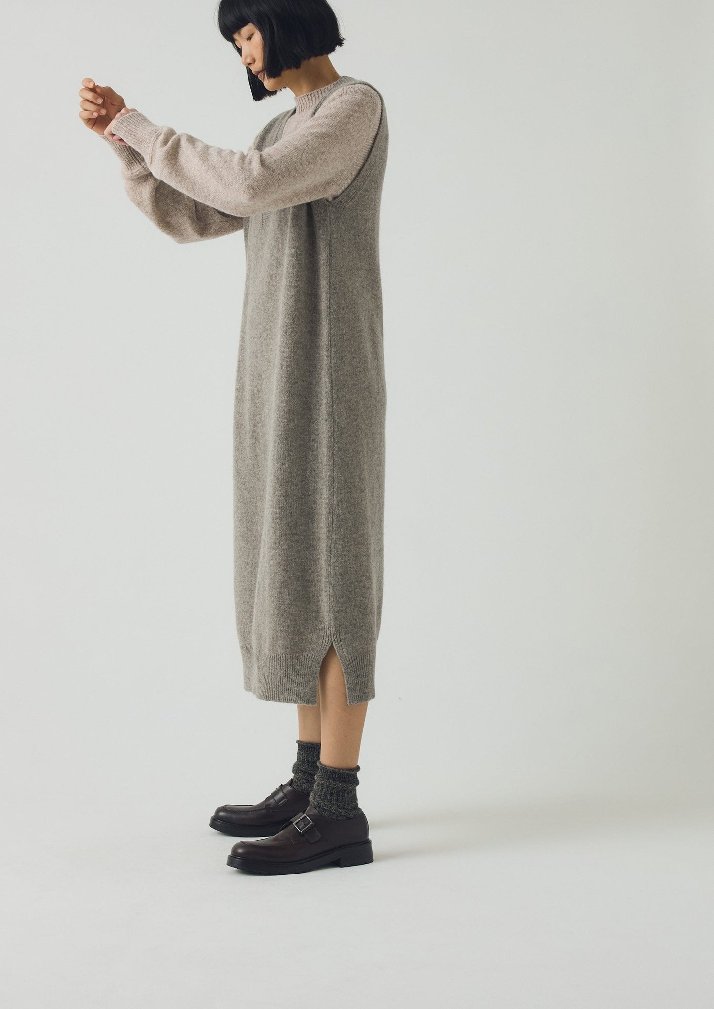 Wool Knitted V Neck Dress | Biscuit