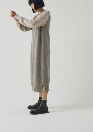 Wool Knitted V Neck Dress | Biscuit