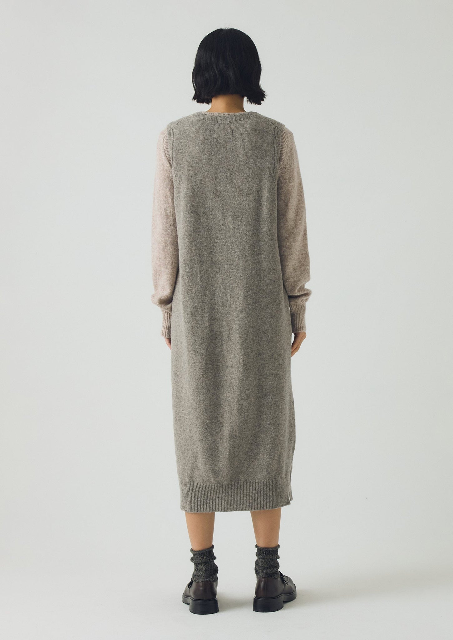 Wool Knitted V Neck Dress | Biscuit