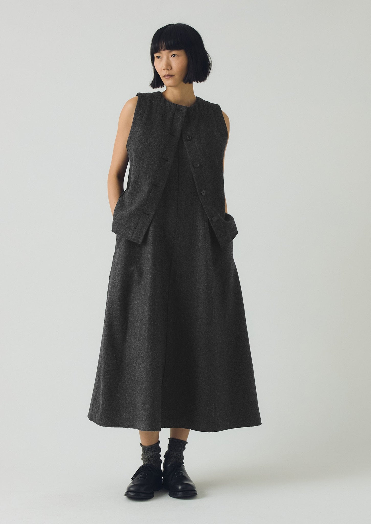 Boiled Wool Twill Lapped Seam Dress | Charcoal