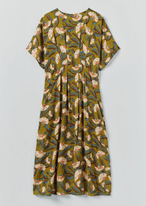 Dianthus Print Pleated Waist Dress | Golden Lime