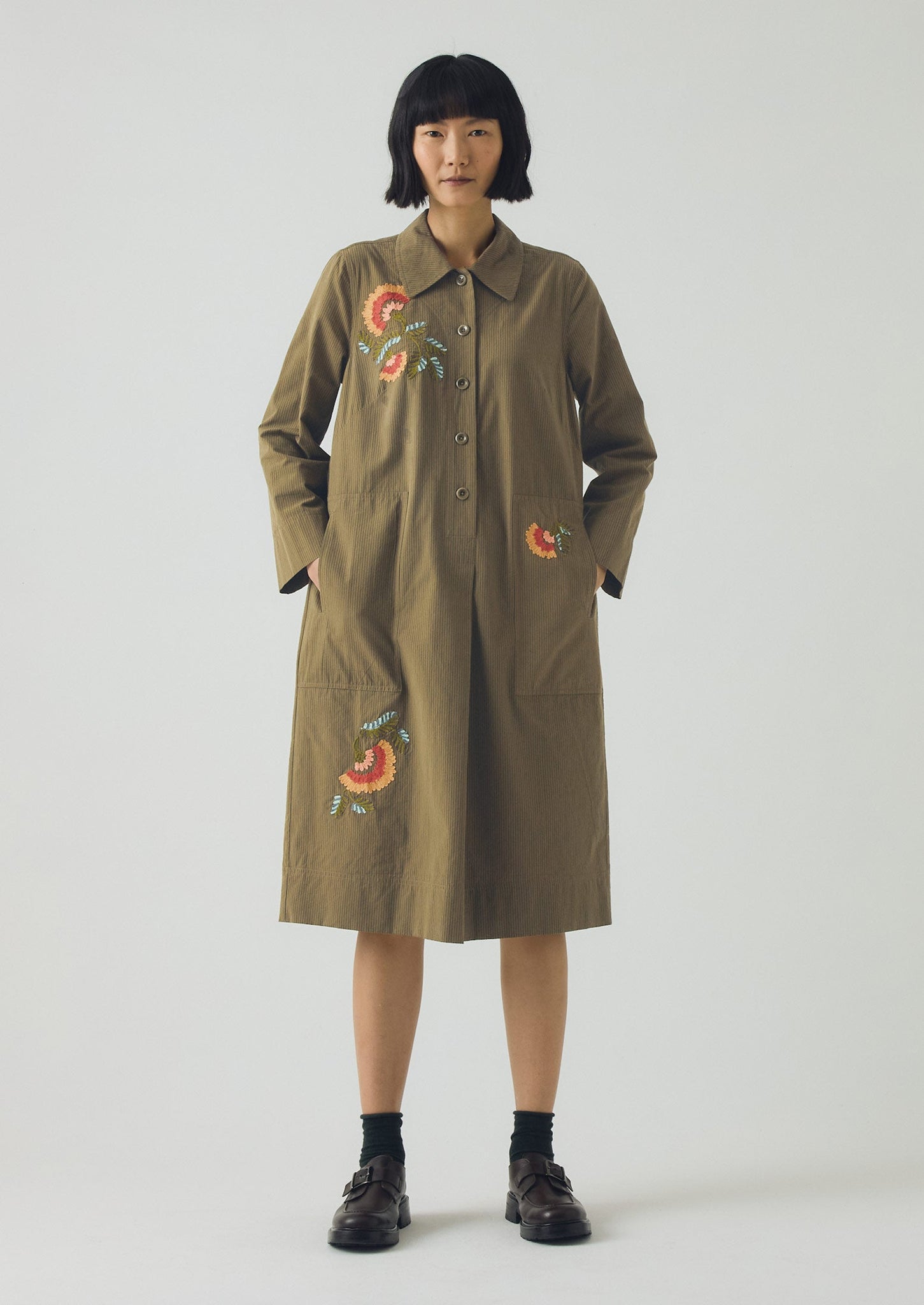 Embroidered Mini Stripe Cotton Shirt Dress | Olive