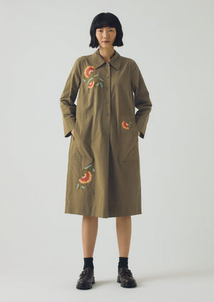 Embroidered Mini Stripe Cotton Shirt Dress | Olive