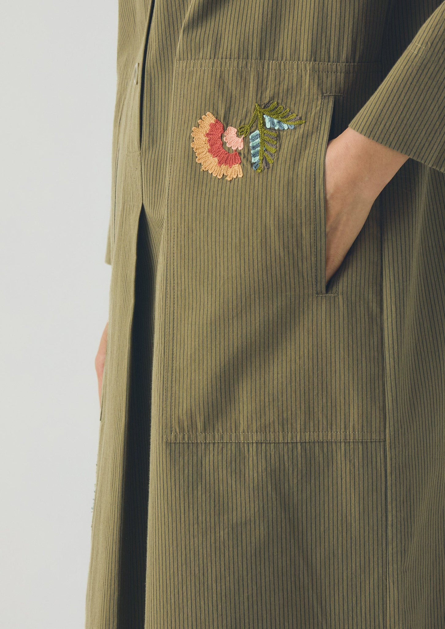 Embroidered Mini Stripe Cotton Shirt Dress | Olive