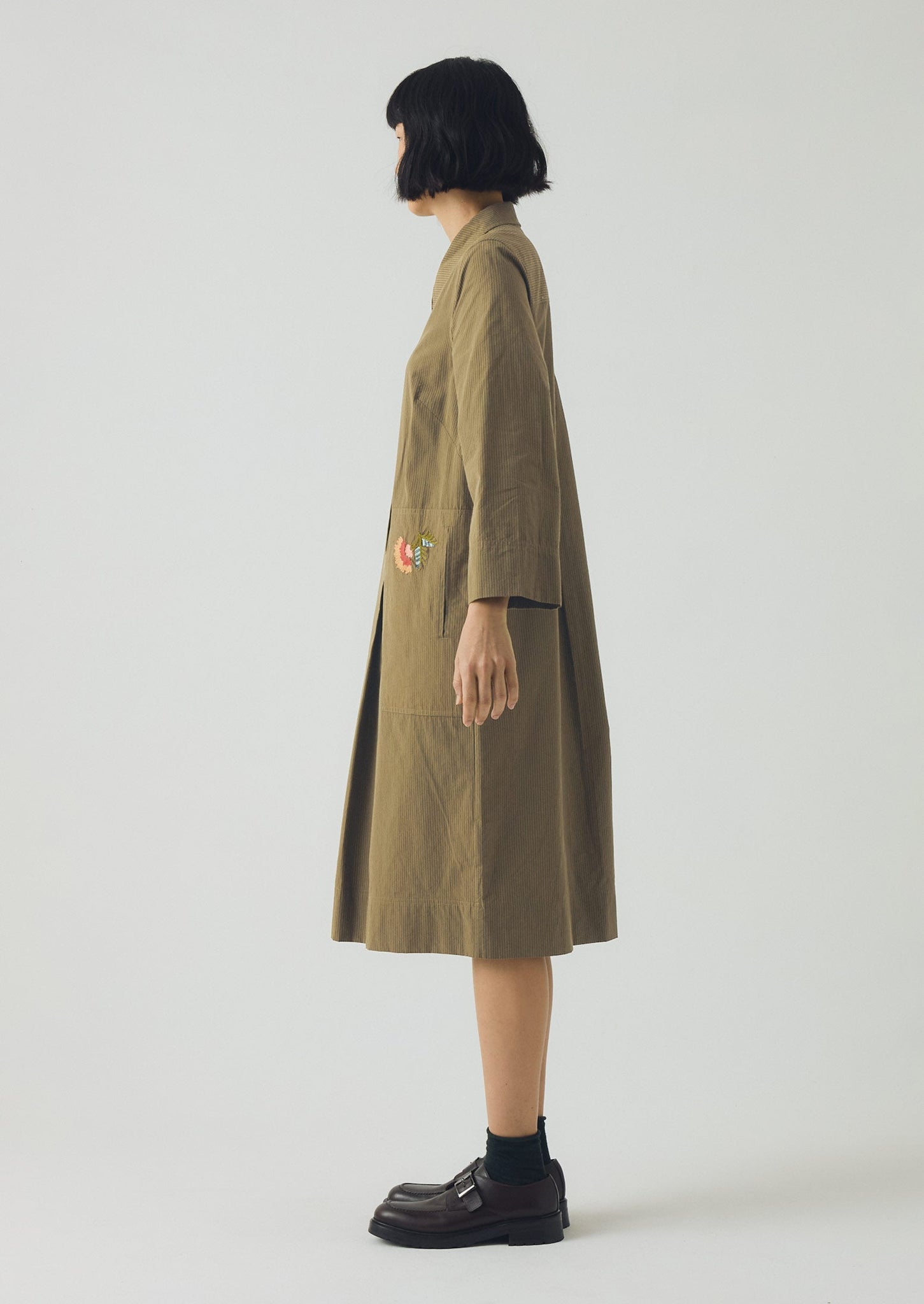Embroidered Mini Stripe Cotton Shirt Dress | Olive