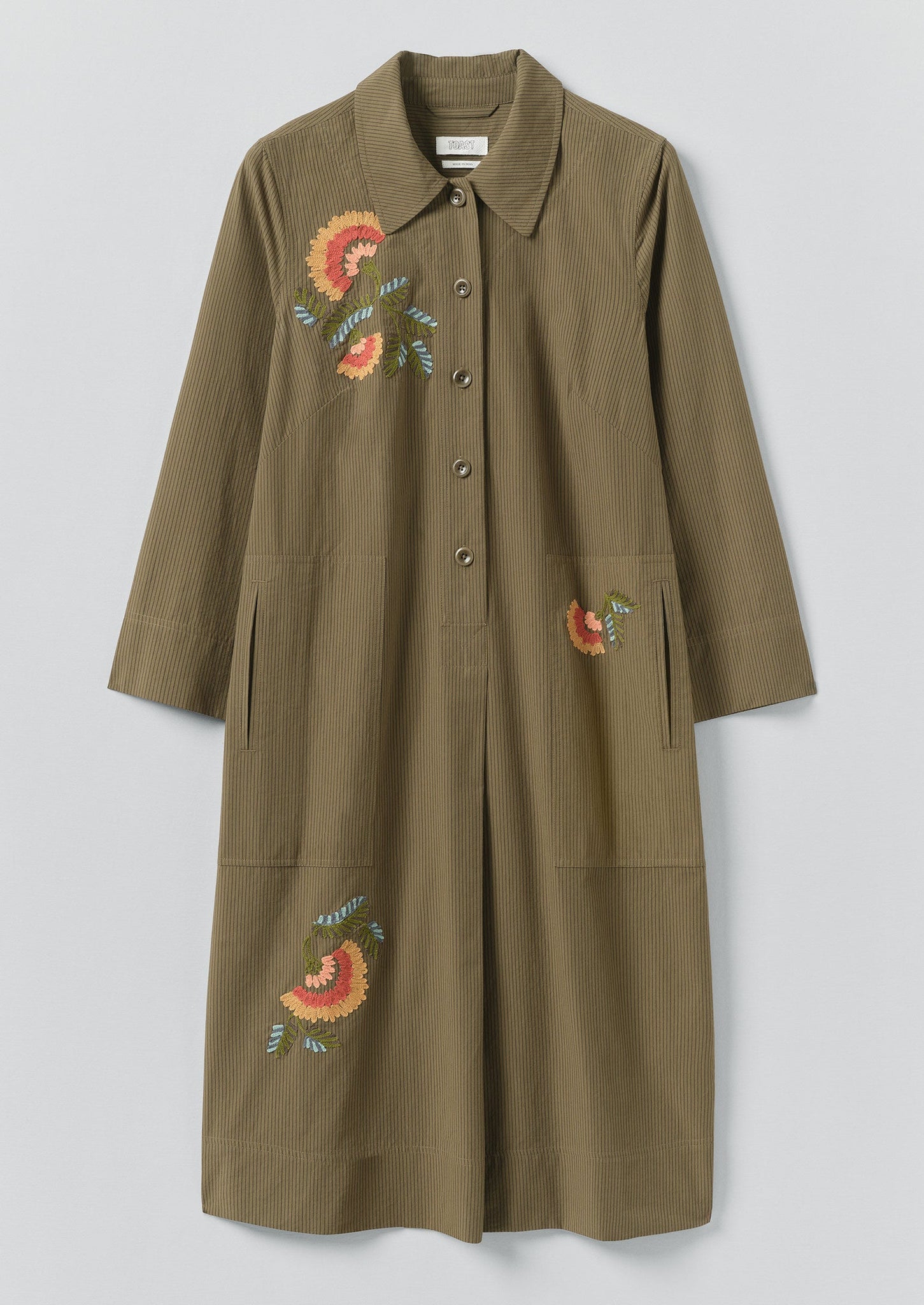 Embroidered Mini Stripe Cotton Shirt Dress | Olive