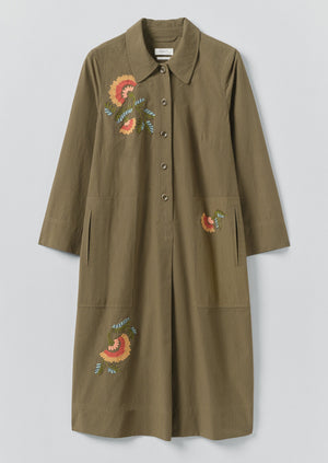Embroidered Mini Stripe Cotton Shirt Dress | Olive