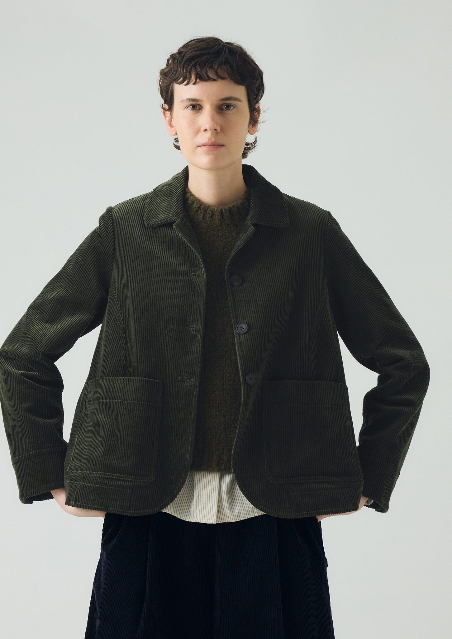 Round Collar Organic Cord Jacket | Pine