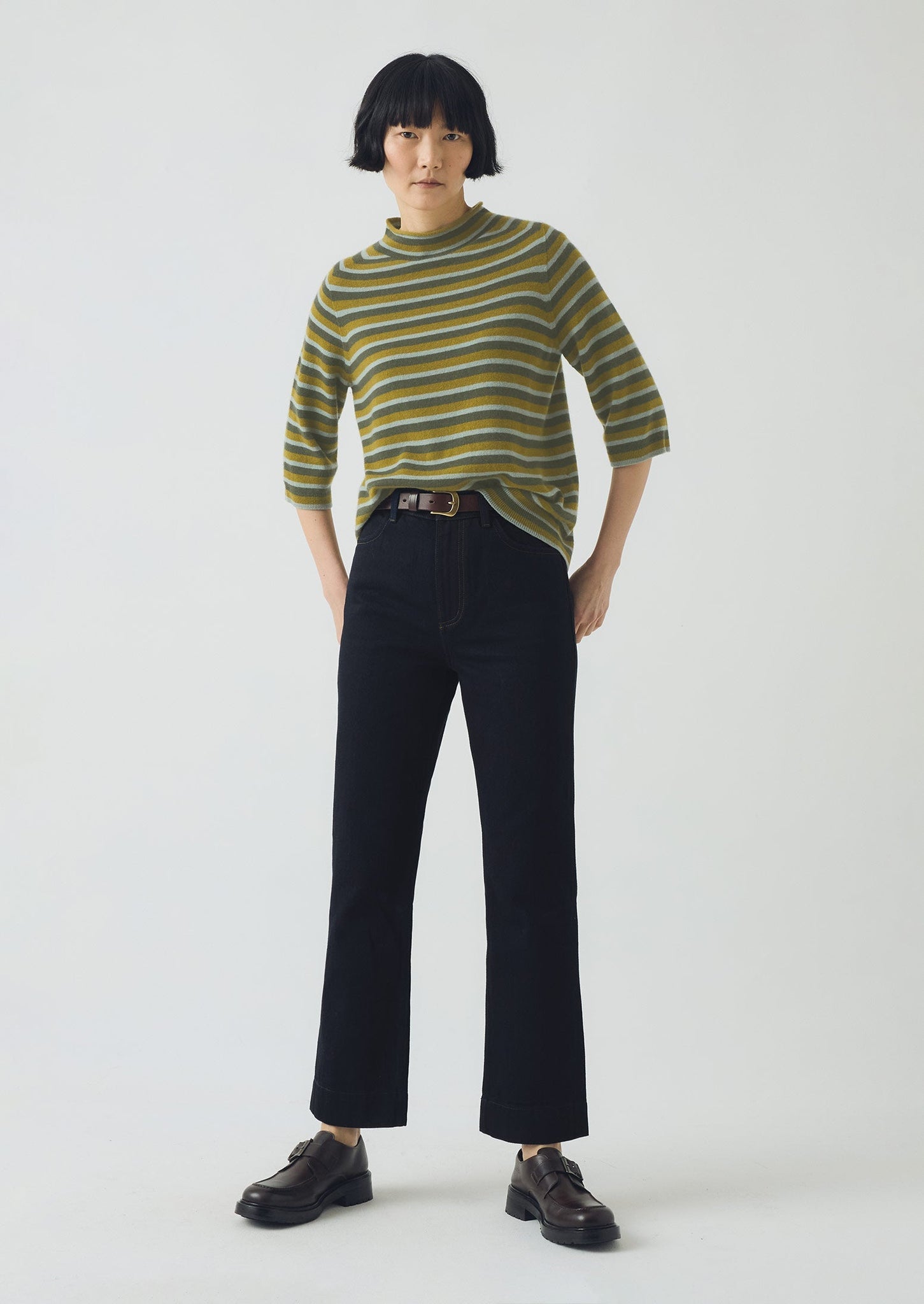 Stripe Wool Cashmere Half Sleeve Sweater | Green Multi
