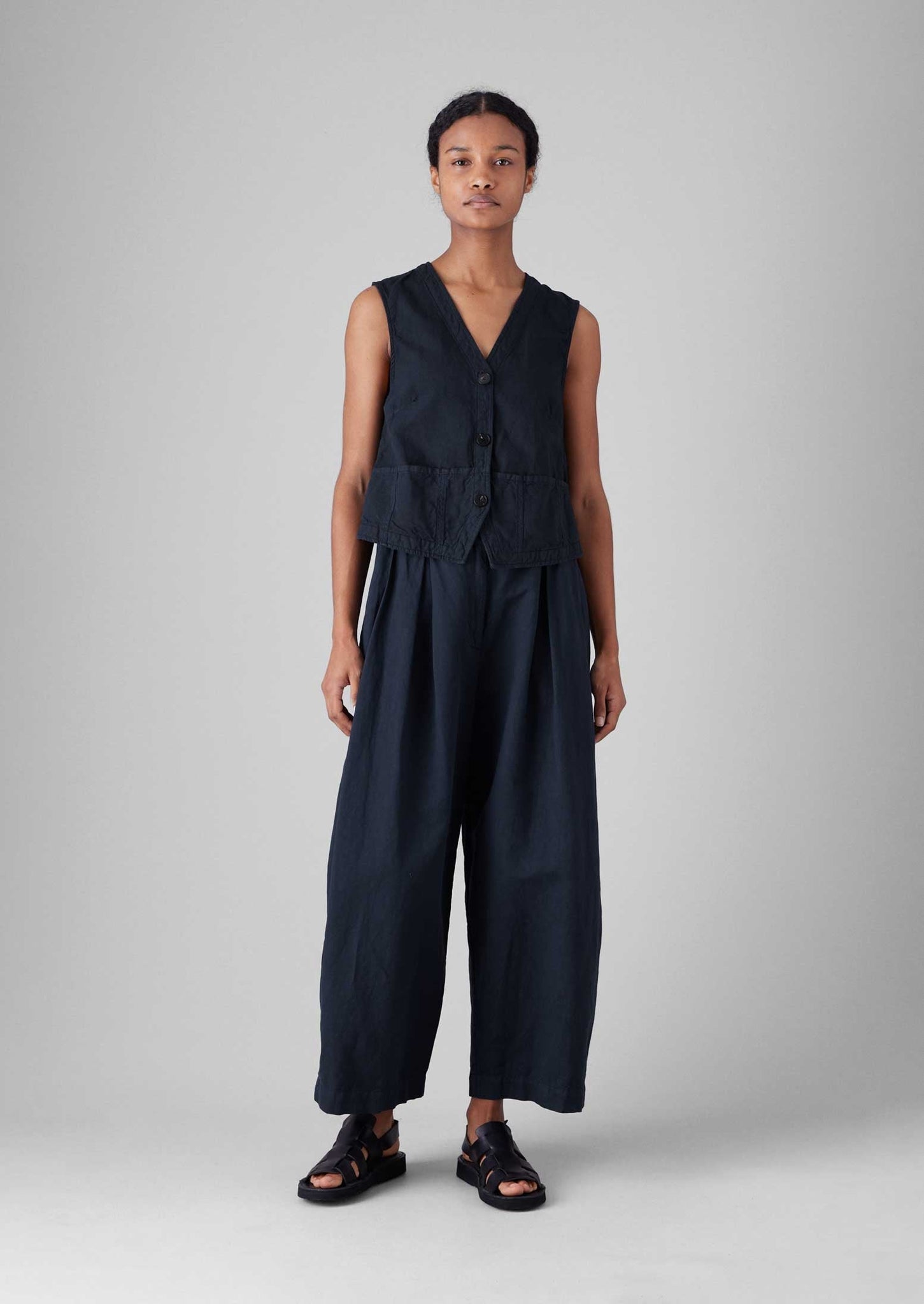Cotton Linen Canvas Wide Leg Trousers | Anthracite