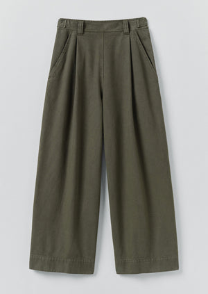 Cotton Canvas Pleat Front Trousers | Dark Olive
