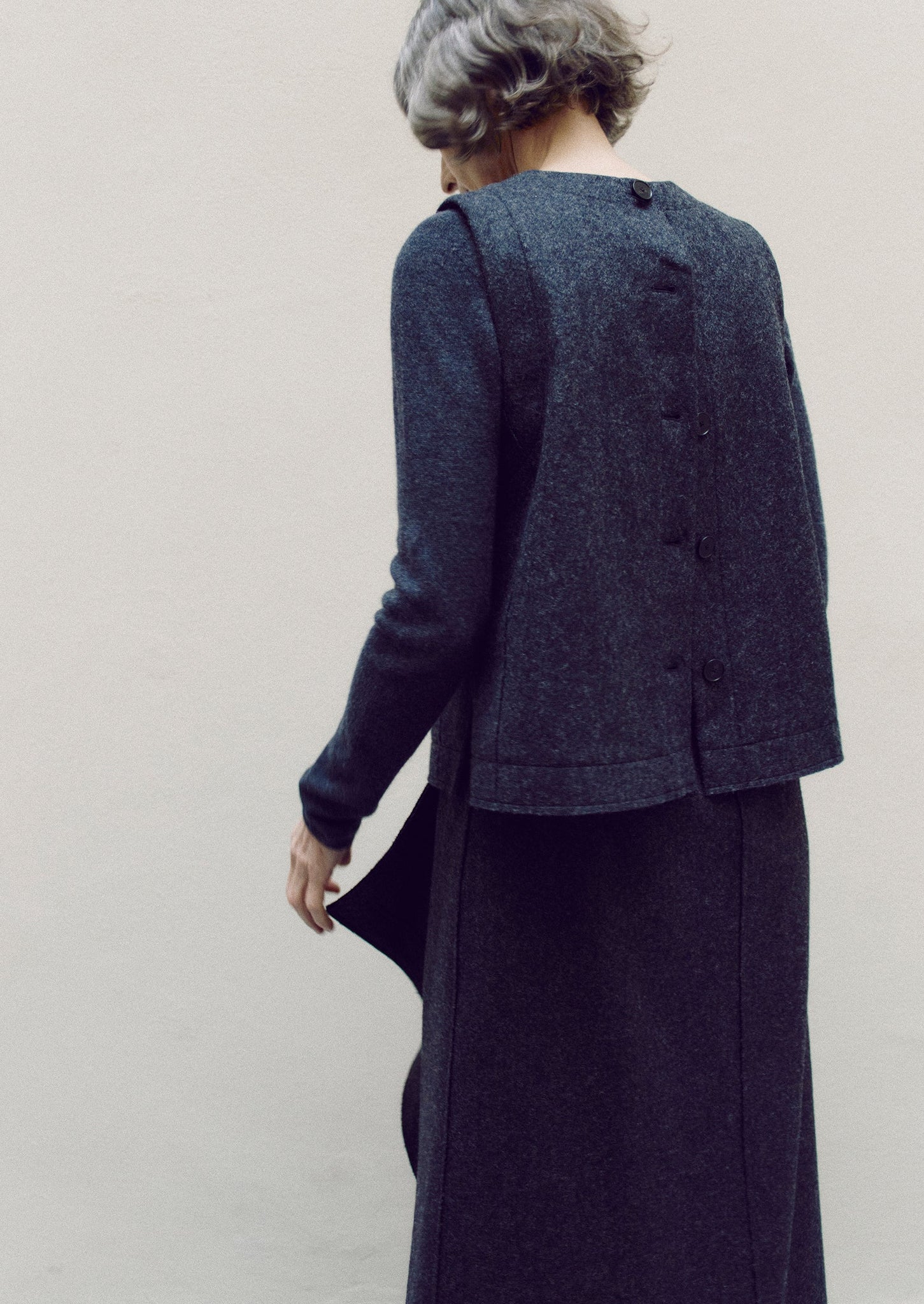Boiled Wool Twill Button Back Top | Charcoal